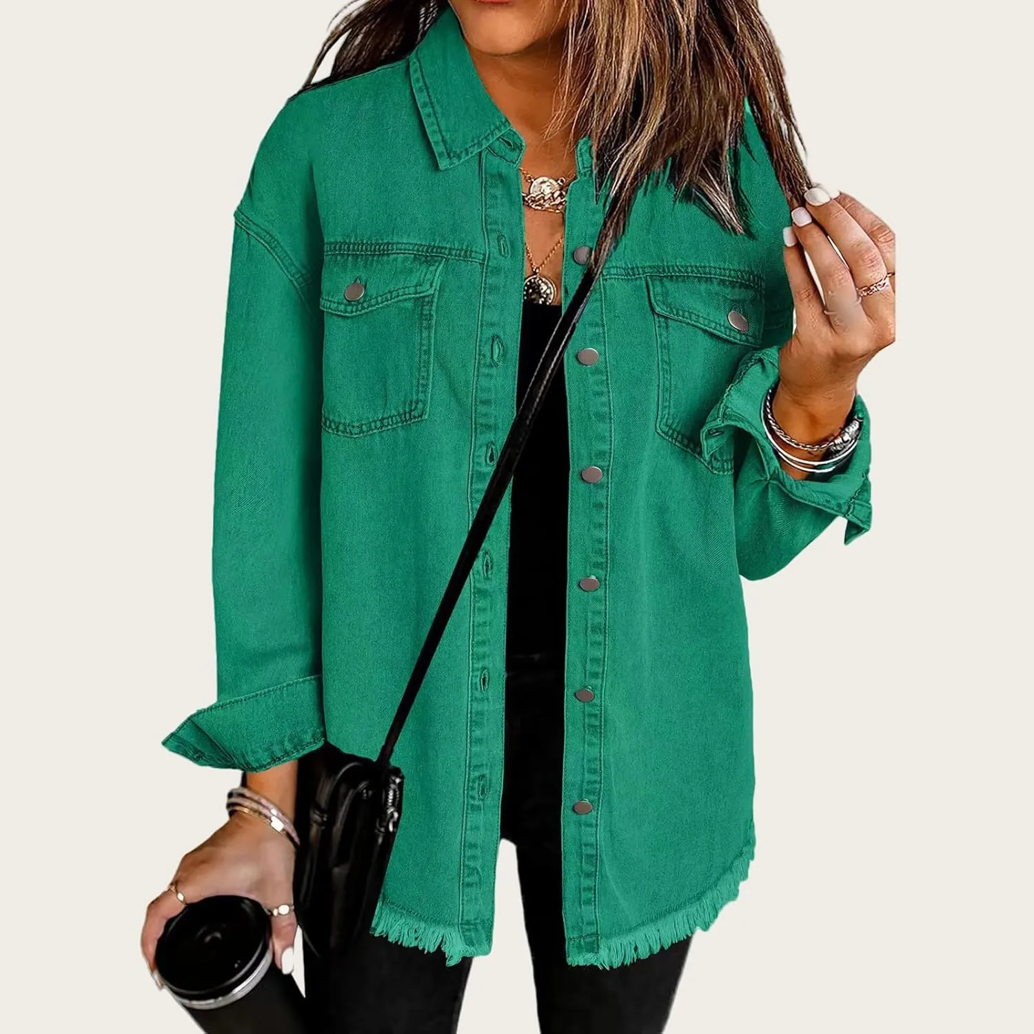 Women's Denim Jackets Oversized Button Down Frayed Hem Shacket Long Sleeve Pockets Denim Jean Jacket Fall Spring