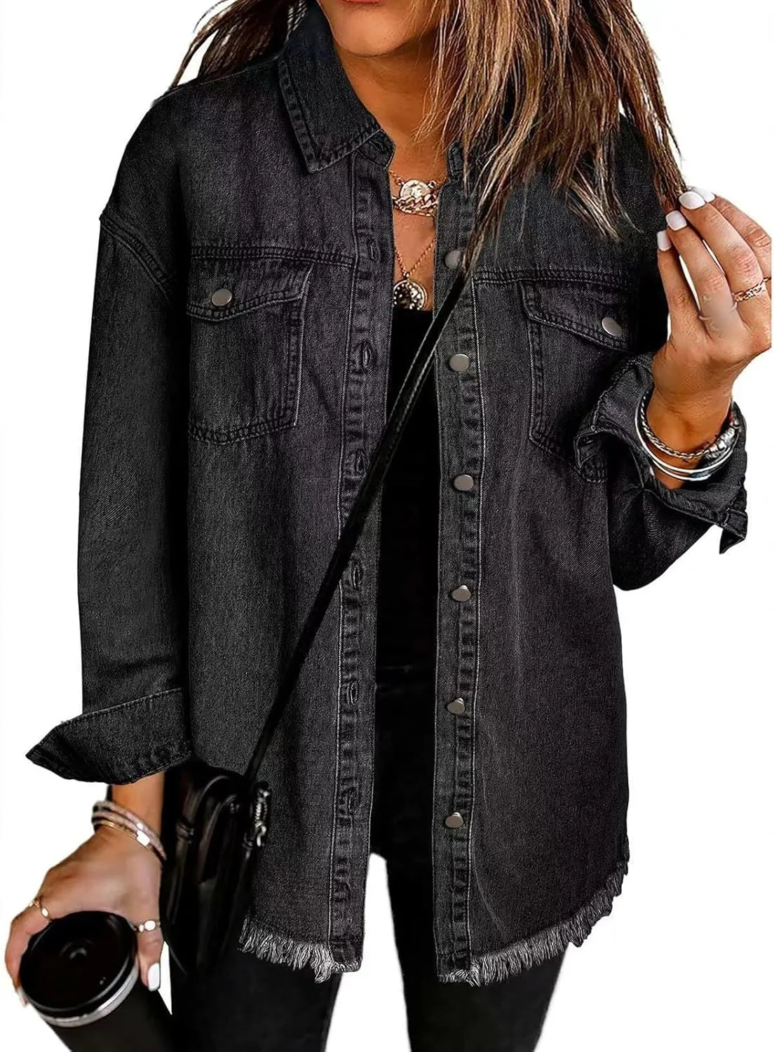 Women's Denim Jackets Oversized Button Down Frayed Hem Shacket Long Sleeve Pockets Denim Jean Jacket Fall Spring