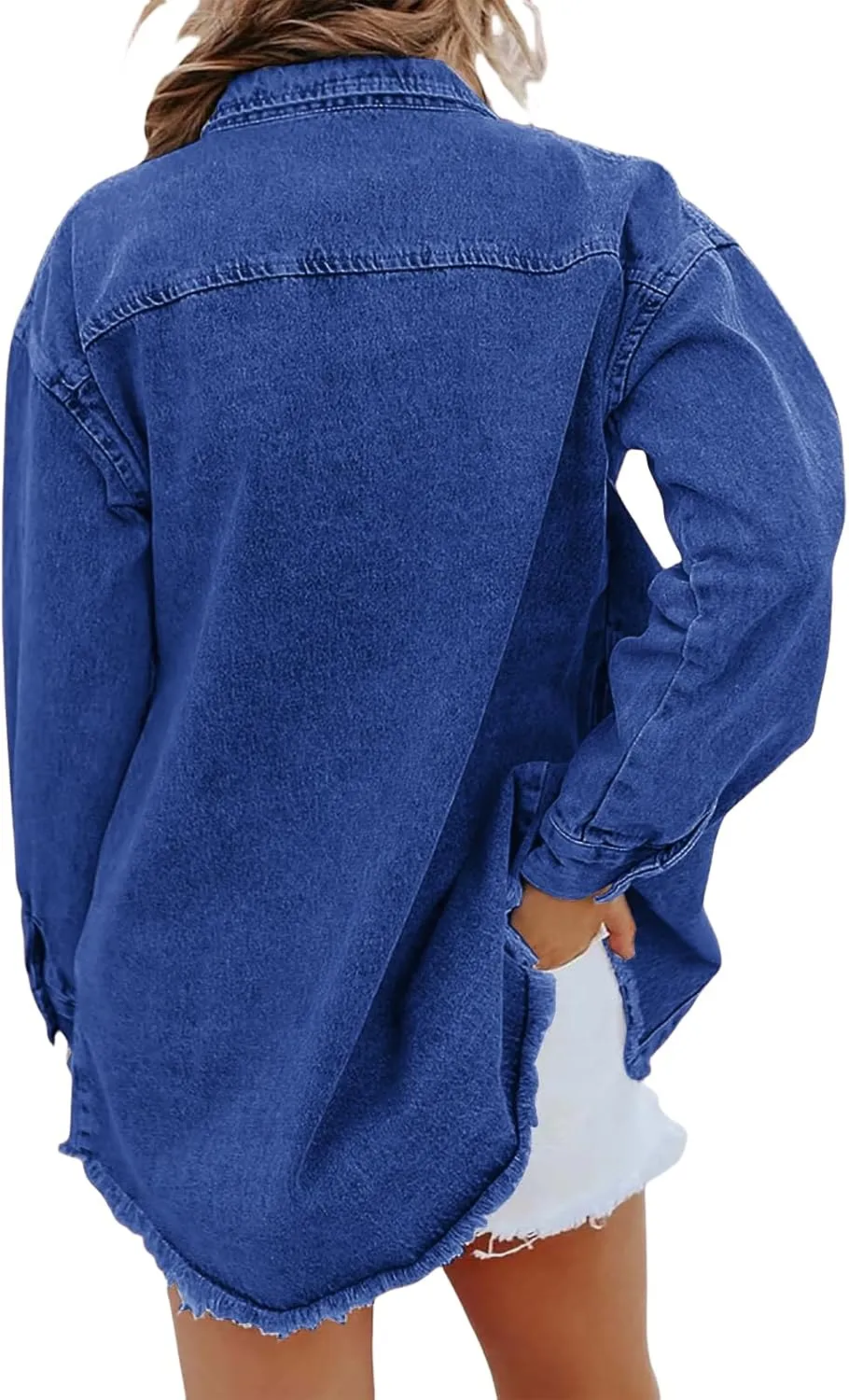 Women's Denim Jackets Oversized Button Down Frayed Hem Shacket Long Sleeve Pockets Denim Jean Jacket Fall Spring