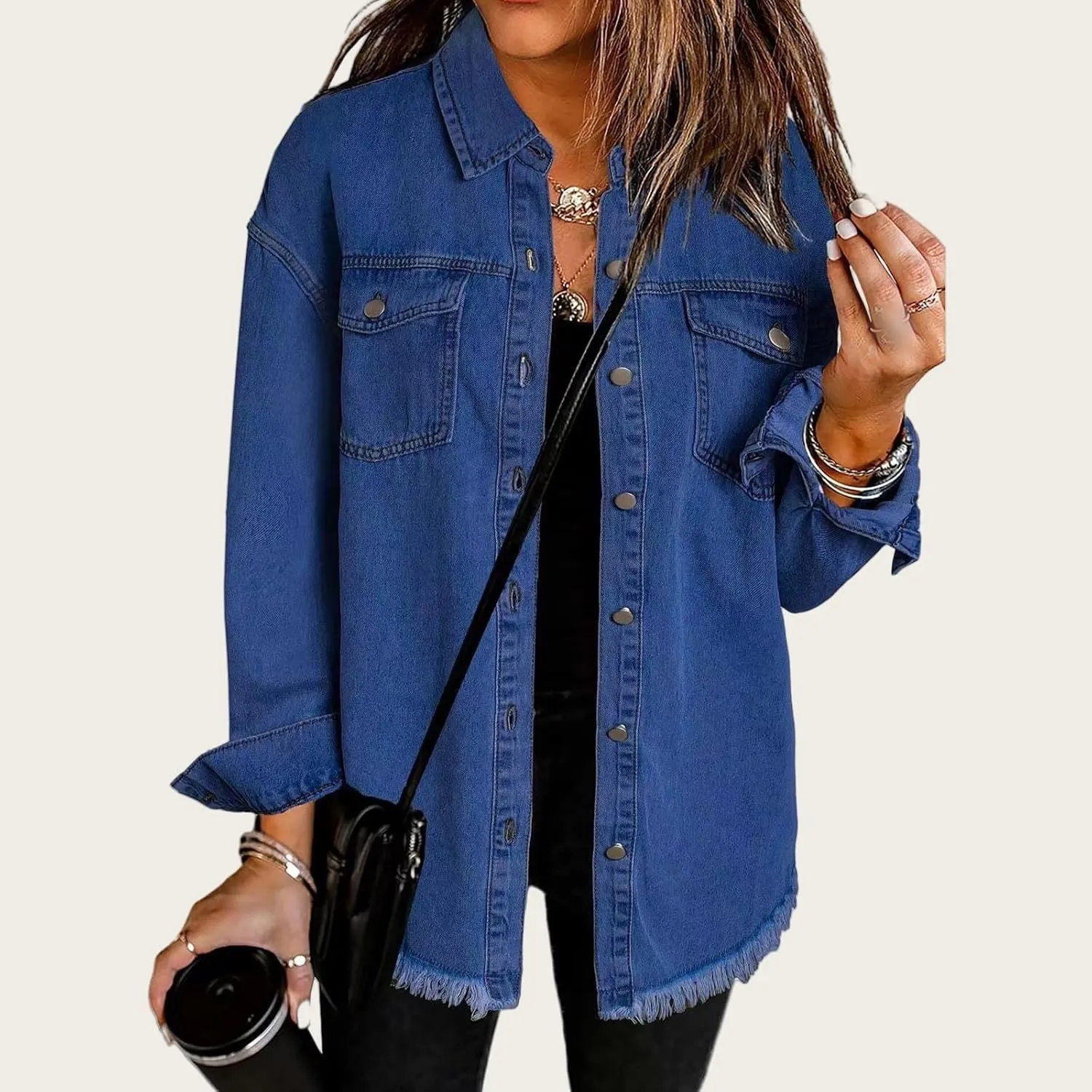 Women's Denim Jackets Oversized Button Down Frayed Hem Shacket Long Sleeve Pockets Denim Jean Jacket Fall Spring