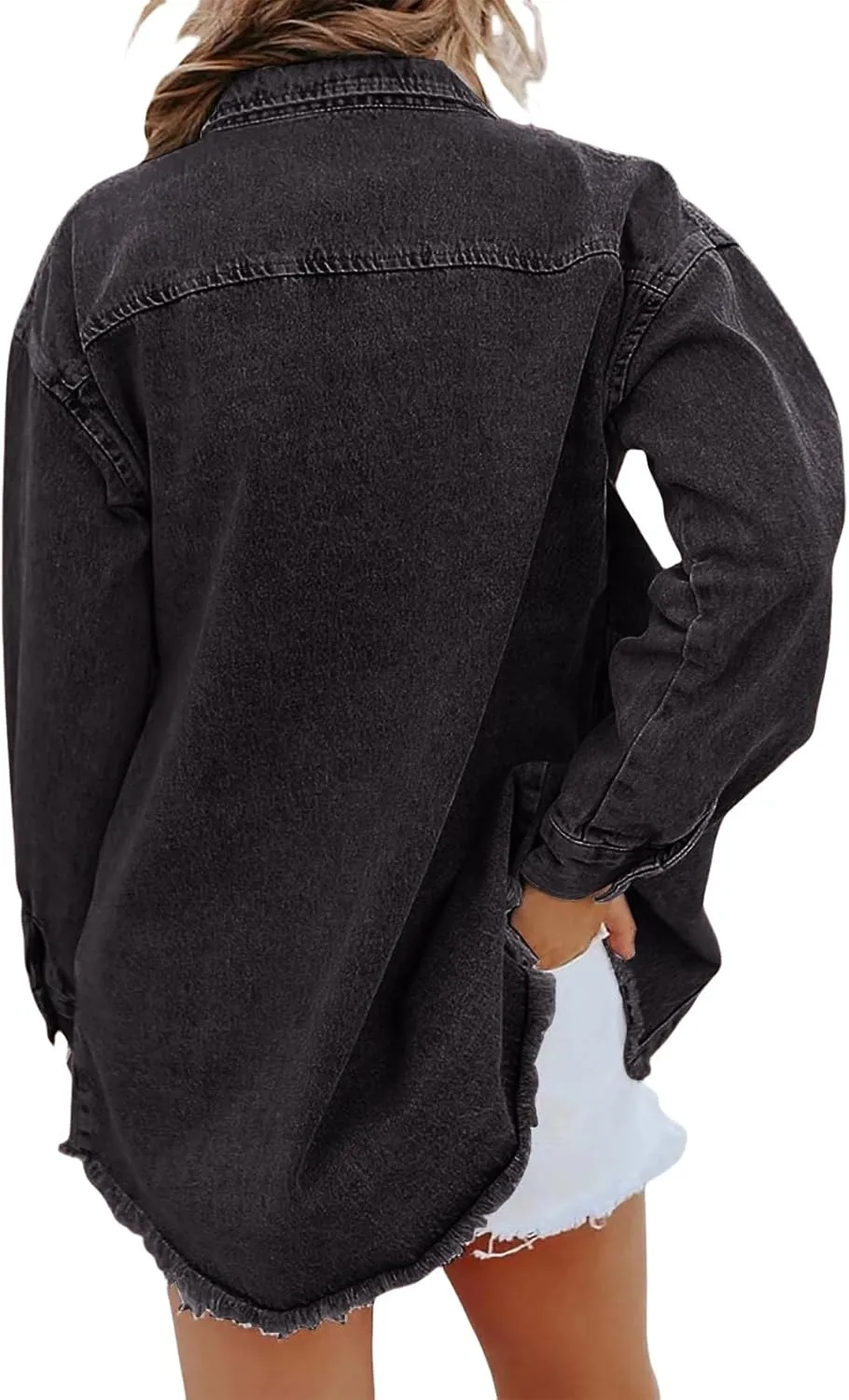 Women's Denim Jackets Oversized Button Down Frayed Hem Shacket Long Sleeve Pockets Denim Jean Jacket Fall Spring