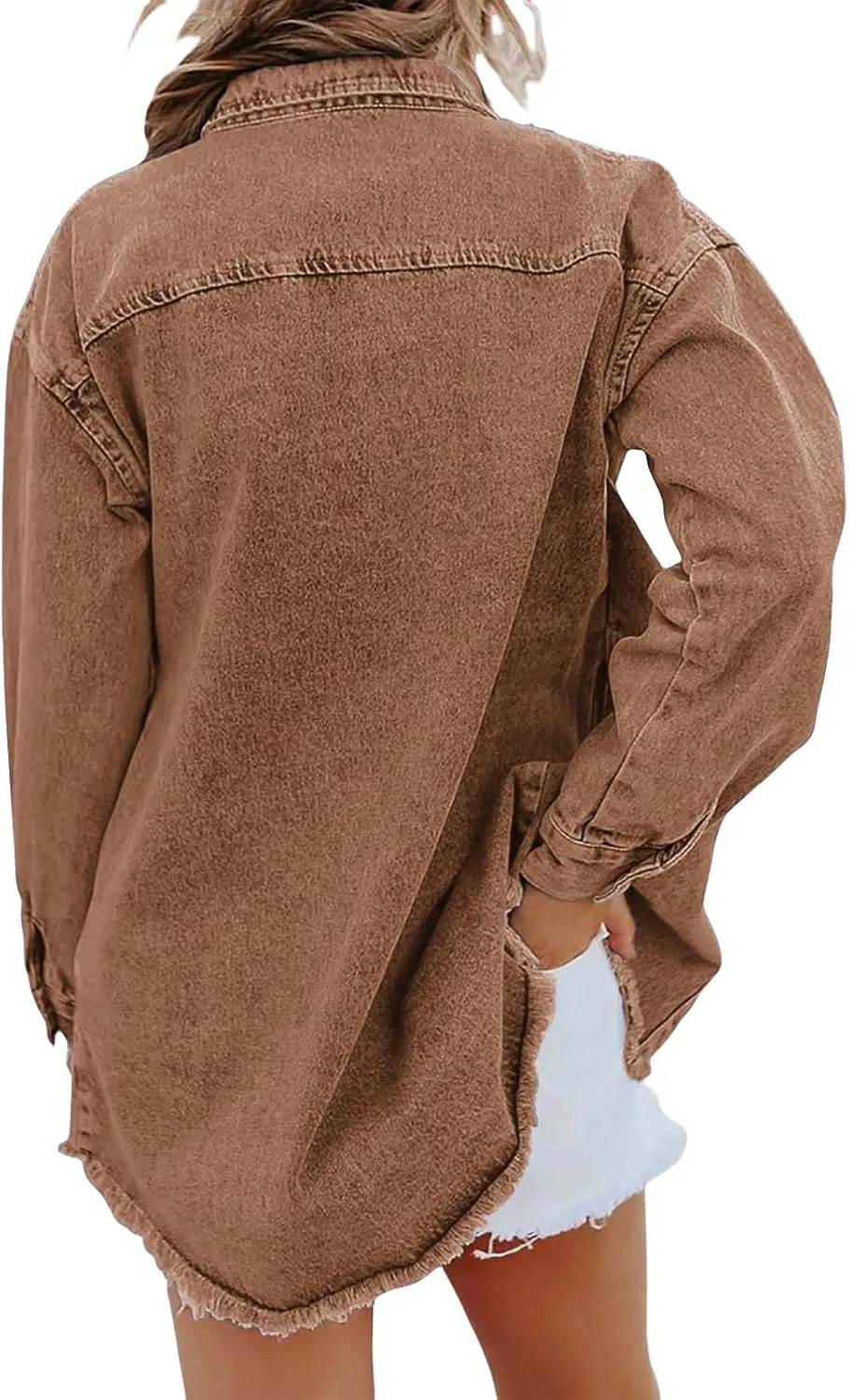Women's Denim Jackets Oversized Button Down Frayed Hem Shacket Long Sleeve Pockets Denim Jean Jacket Fall Spring