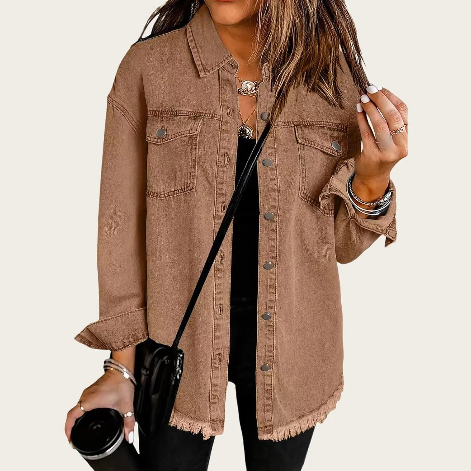 Women's Denim Jackets Oversized Button Down Frayed Hem Shacket Long Sleeve Pockets Denim Jean Jacket Fall Spring