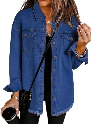 Women's Denim Jackets Oversized Button Down Frayed Hem Shacket Long Sleeve Pockets Denim Jean Jacket Fall Spring