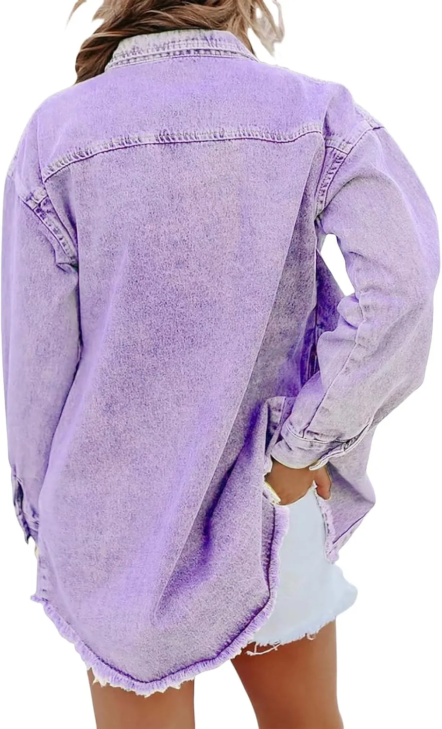 Women's Denim Jackets Oversized Button Down Frayed Hem Shacket Long Sleeve Pockets Denim Jean Jacket Fall Spring