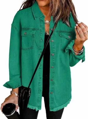 Women's Denim Jackets Oversized Button Down Frayed Hem Shacket Long Sleeve Pockets Denim Jean Jacket Fall Spring
