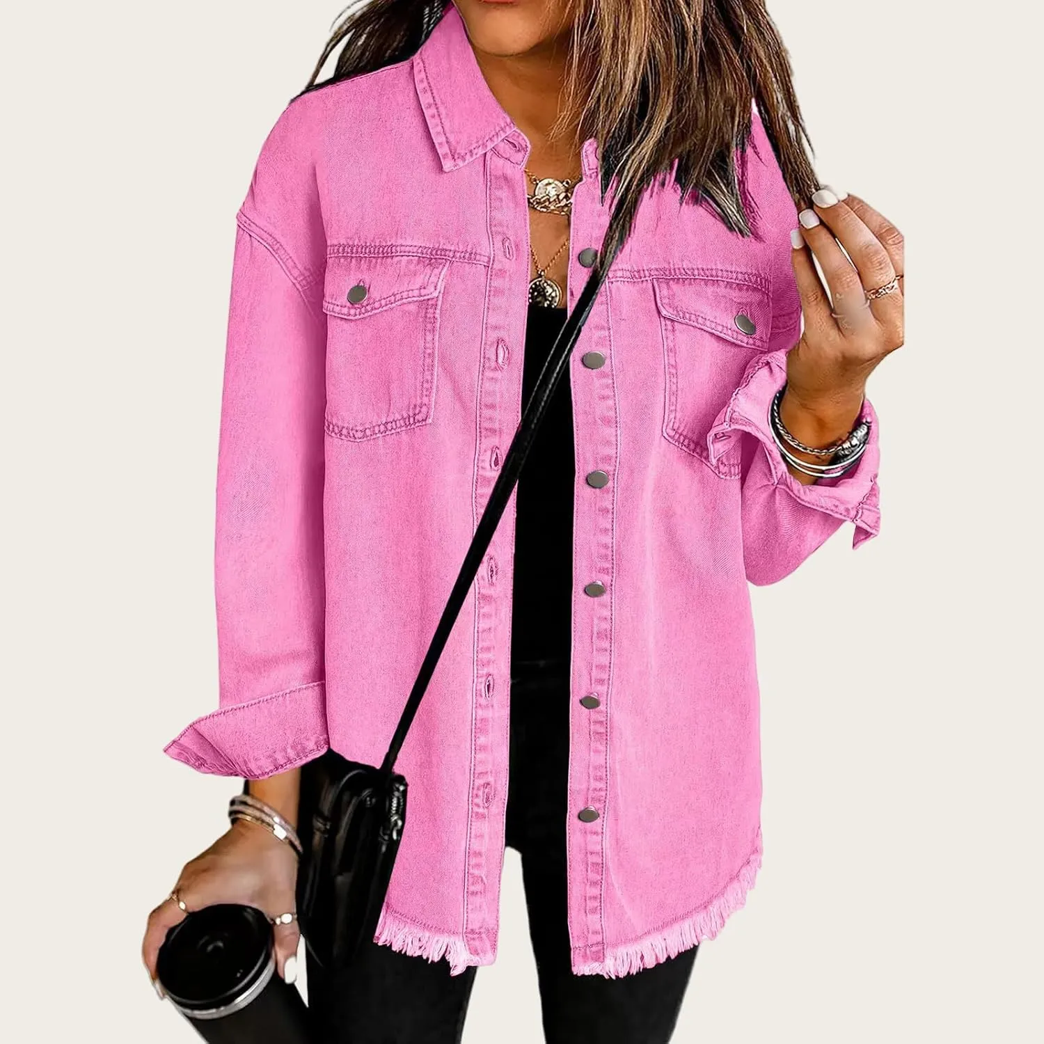 Women's Denim Jackets Oversized Button Down Frayed Hem Shacket Long Sleeve Pockets Denim Jean Jacket Fall Spring