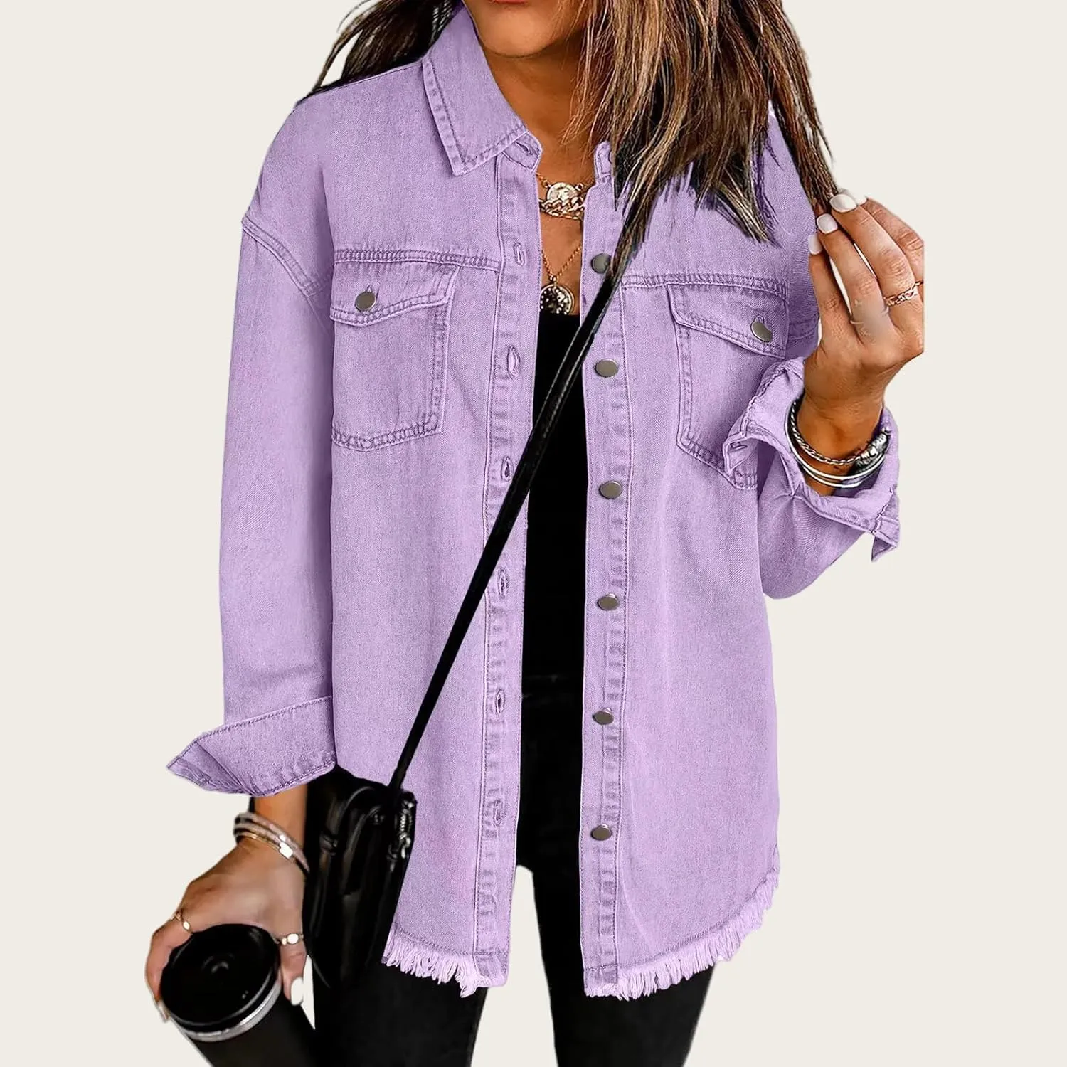 Women's Denim Jackets Oversized Button Down Frayed Hem Shacket Long Sleeve Pockets Denim Jean Jacket Fall Spring