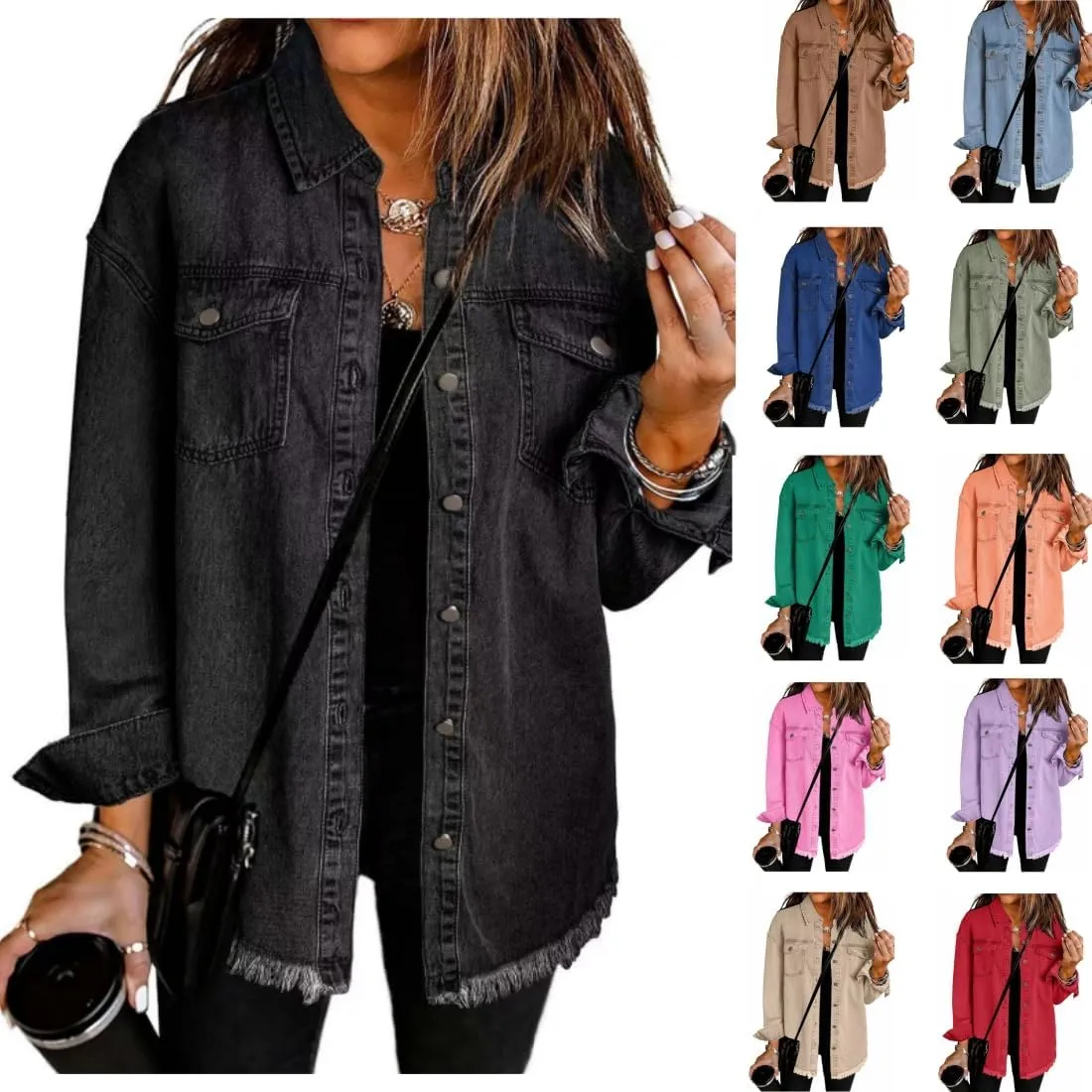 Women's Denim Jackets Oversized Button Down Frayed Hem Shacket Long Sleeve Pockets Denim Jean Jacket Fall Spring