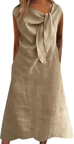 Womens Dresses Round Neck Short Sleeve Cotton Linen Midi Dress Tie Front Plus Size Cotton Linen Dress with Pockets