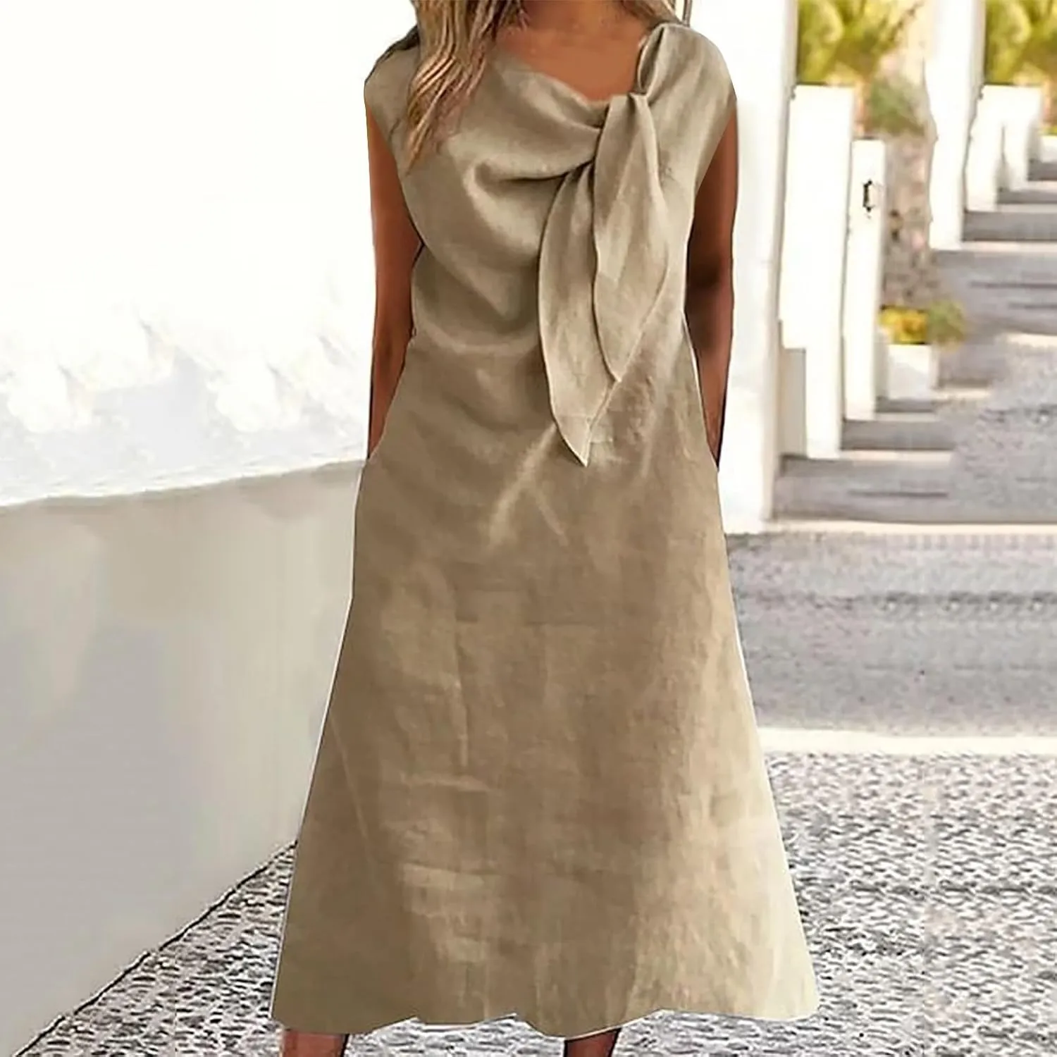 Womens Dresses Round Neck Short Sleeve Cotton Linen Midi Dress Tie Front Plus Size Cotton Linen Dress with Pockets