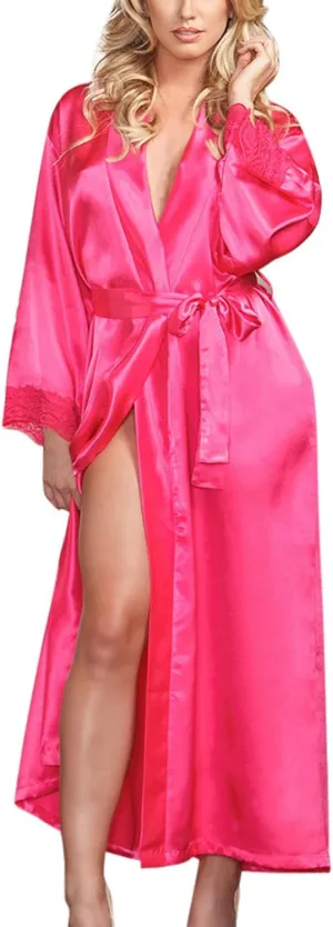 Women's Elegant Full-Length Satin Nightgown Soft Lightweight Pajamas Lace Cuff Long Sleeve Sleep Robes House Dresses