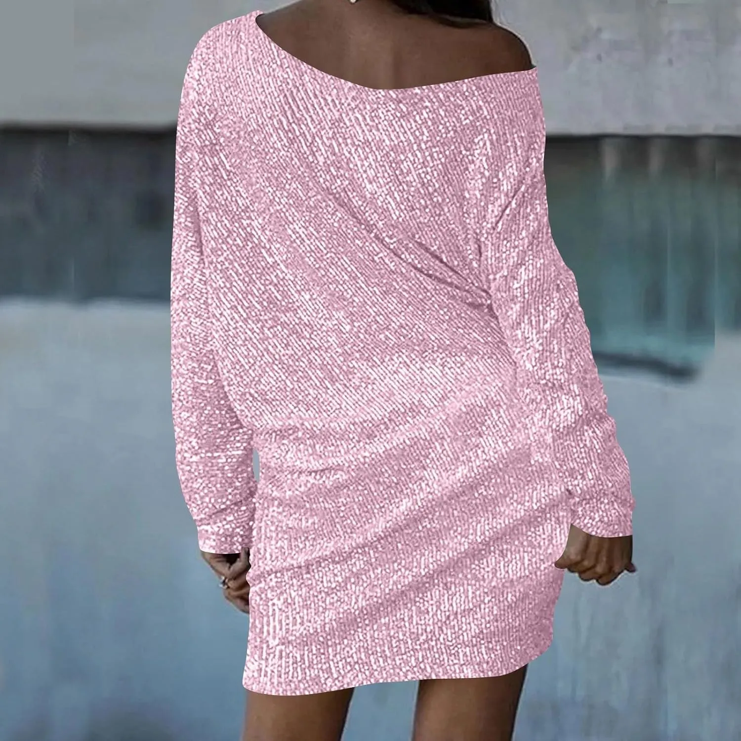 Women's Elegant Sexy One Shoulder Long Sleeve Midi Dress Solid Color Sequins Prom Party Cocktail Dresses, S-3XL