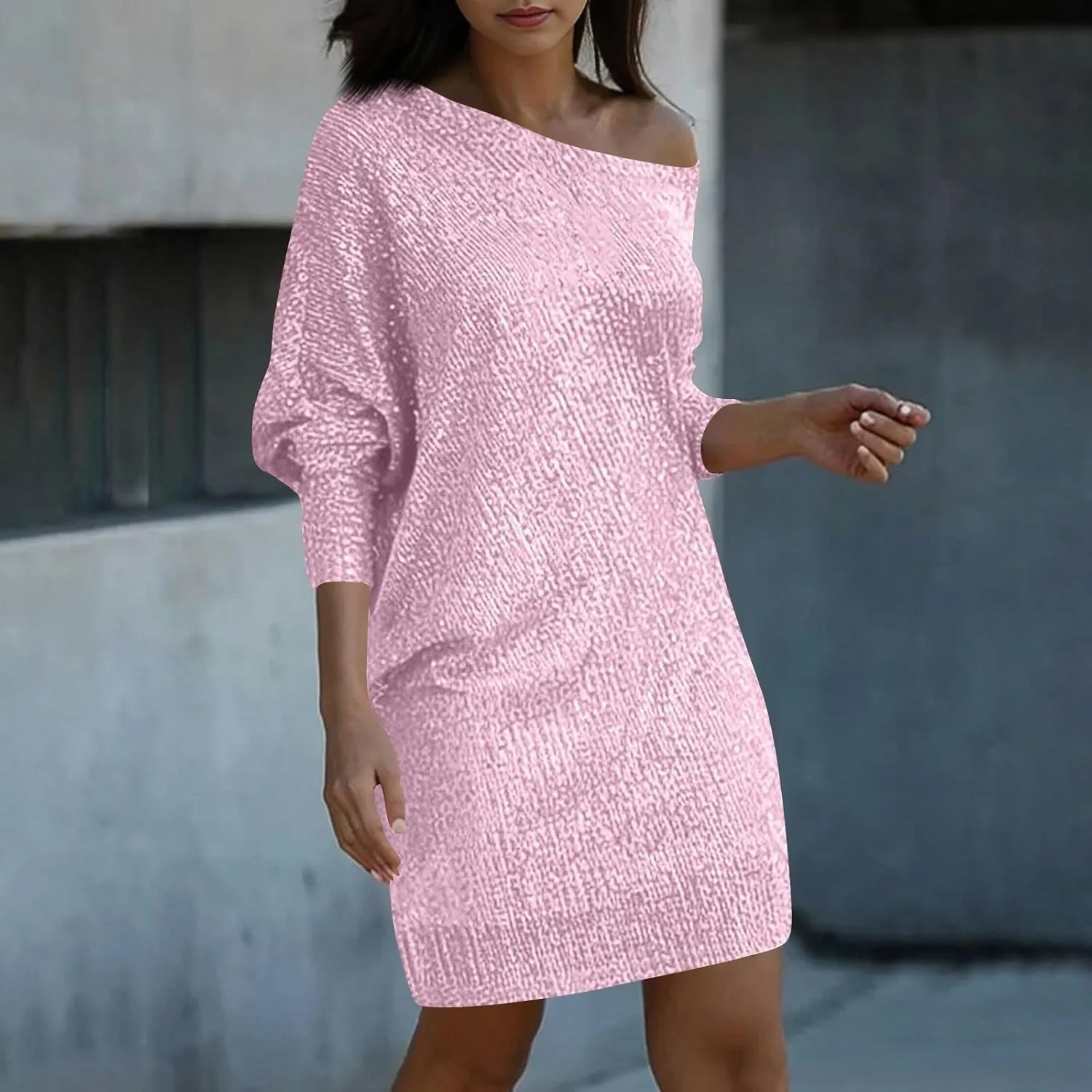 Women's Elegant Sexy One Shoulder Long Sleeve Midi Dress Solid Color Sequins Prom Party Cocktail Dresses, S-3XL