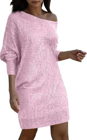 Women's Elegant Sexy One Shoulder Long Sleeve Midi Dress Solid Color Sequins Prom Party Cocktail Dresses, S-3XL