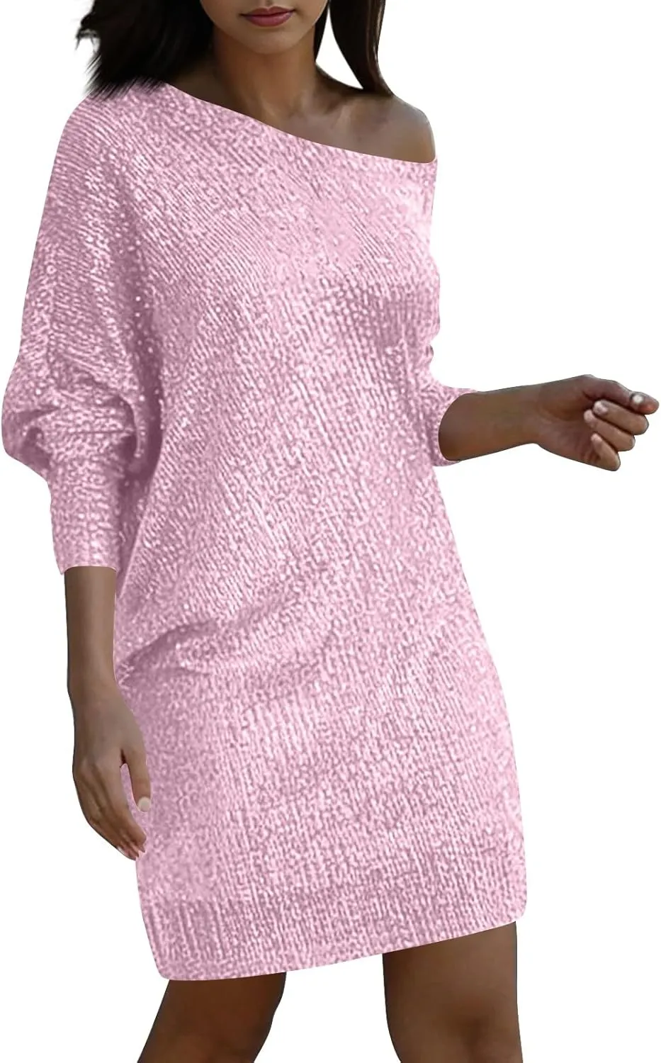 Women's Elegant Sexy One Shoulder Long Sleeve Midi Dress Solid Color Sequins Prom Party Cocktail Dresses, S-3XL