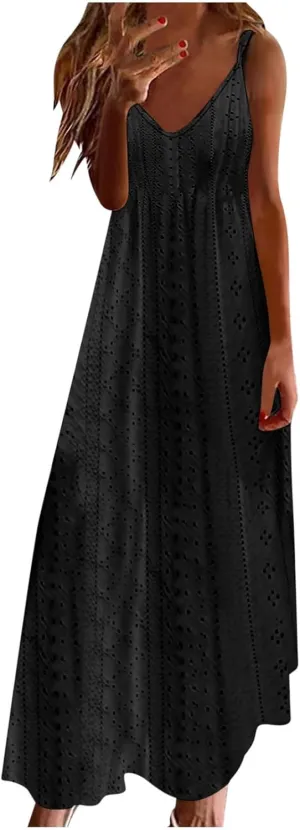 Womens Eyelet Summer Dresses Casual Sundresses Hollow Out Long Dress Sleeveless V-Neck Camisole Dress