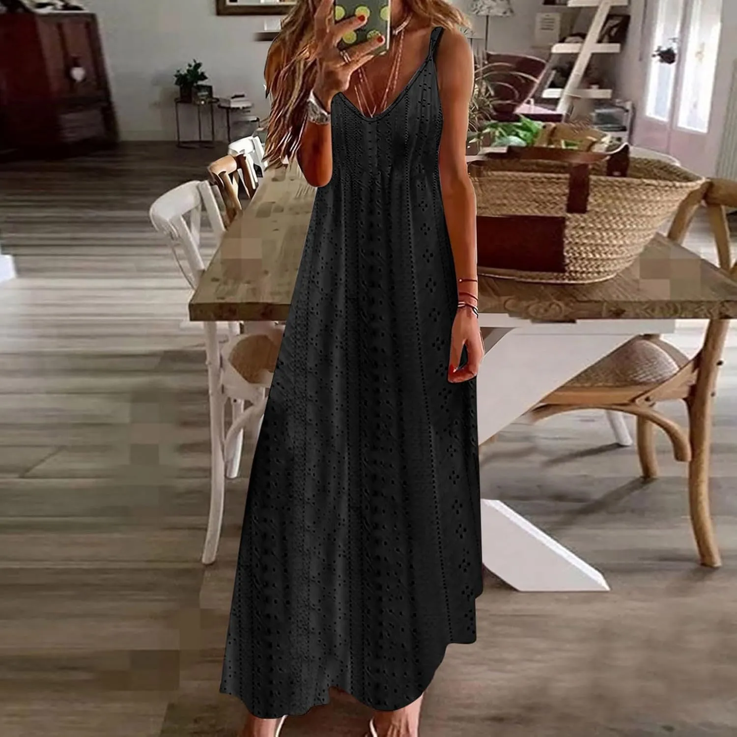 Womens Eyelet Summer Dresses Casual Sundresses Hollow Out Long Dress Sleeveless V-Neck Camisole Dress
