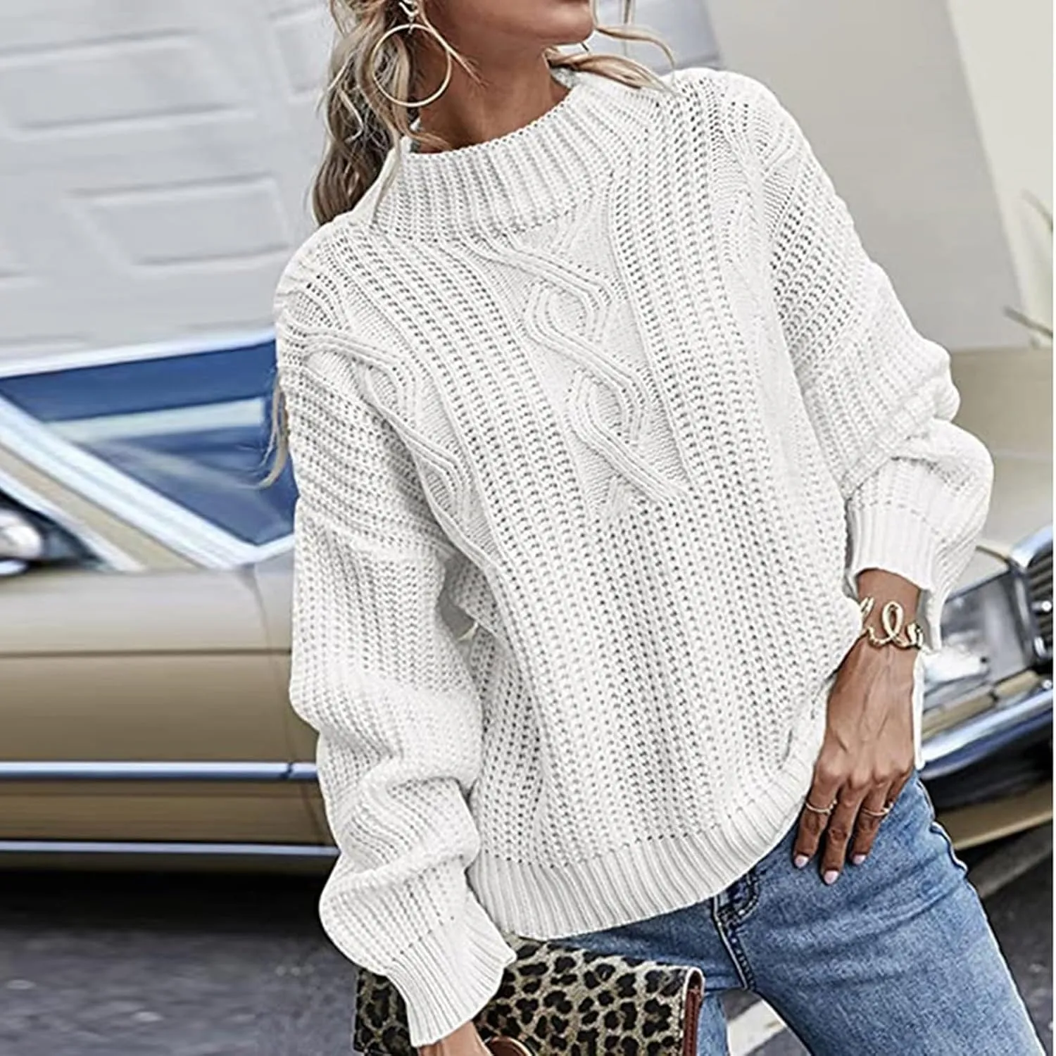 Women's Fall Winter Oversized Pullover Sweaters Casual Crewneck Long Sleeve Loose Fit Chunky Cable Knit Jumper Tops