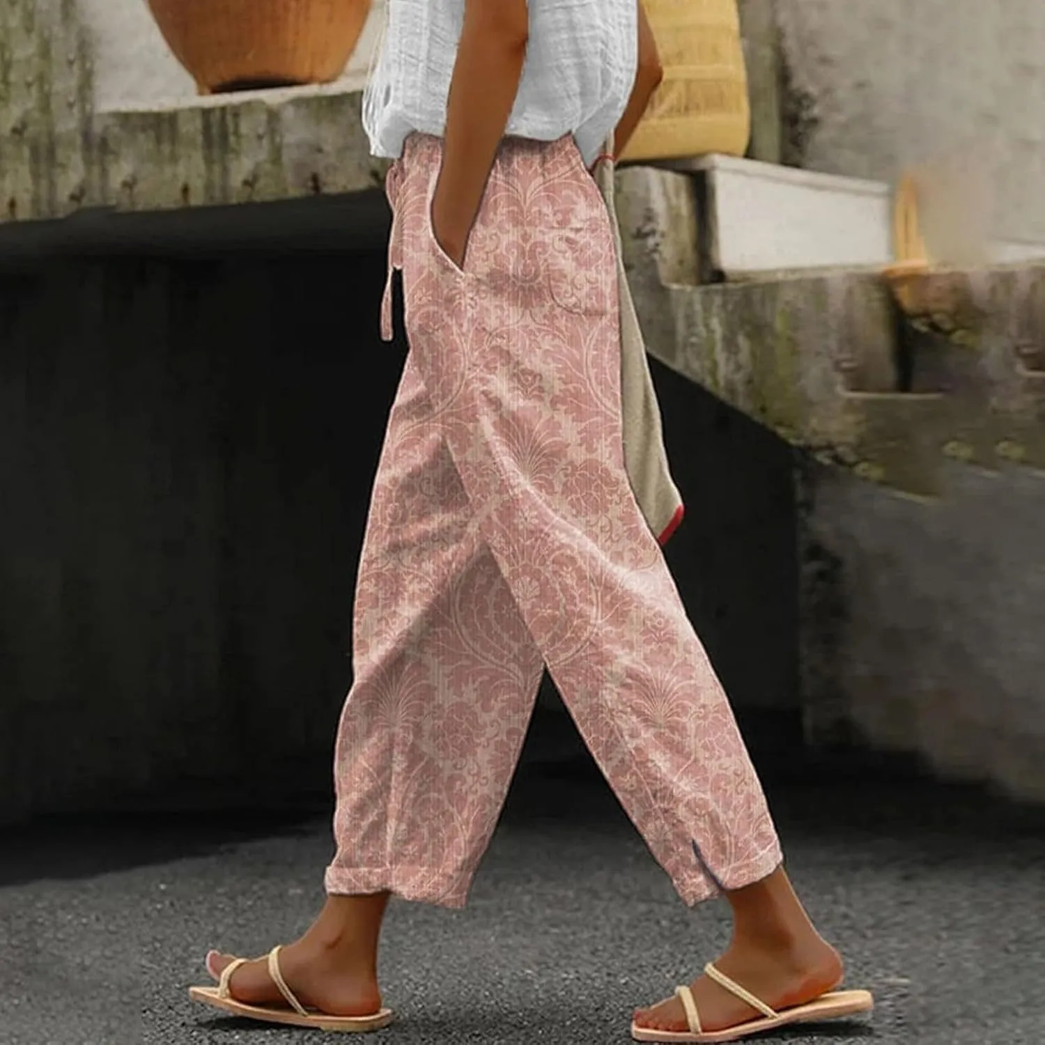 Womens Fashionable Cotton Linen Pants Trendy Straight Leg Side Button Trouser Outdoor Joggers Sport Casual Sweatpants