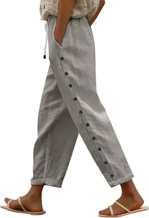 Womens Fashionable Cotton Linen Pants Trendy Straight Leg Side Button Trouser Outdoor Joggers Sport Casual Sweatpants