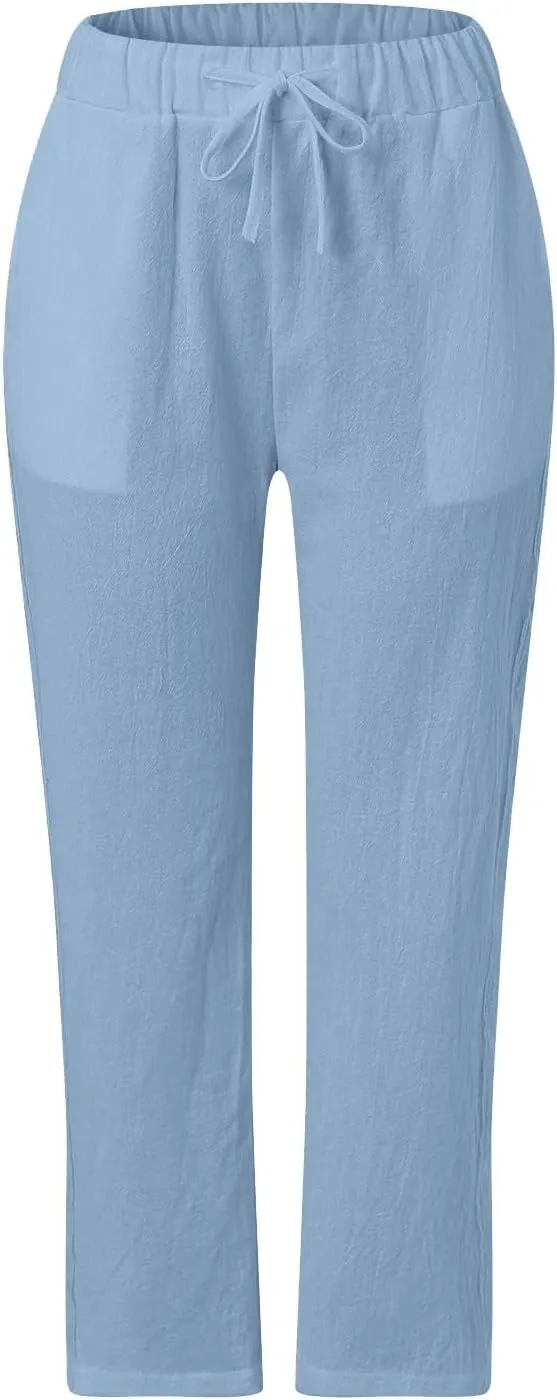Womens Fashionable Cotton Linen Pants Trendy Straight Leg Side Button Trouser Outdoor Joggers Sport Casual Sweatpants