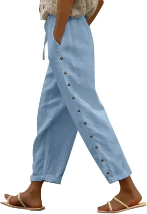 Womens Fashionable Cotton Linen Pants Trendy Straight Leg Side Button Trouser Outdoor Joggers Sport Casual Sweatpants