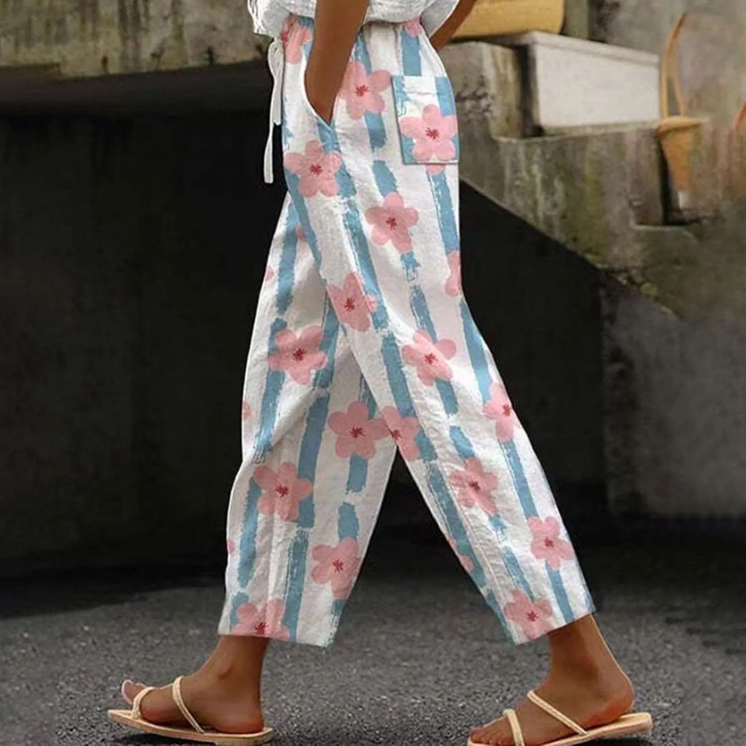 Womens Fashionable Cotton Linen Pants Trendy Straight Leg Side Button Trouser Outdoor Joggers Sport Casual Sweatpants