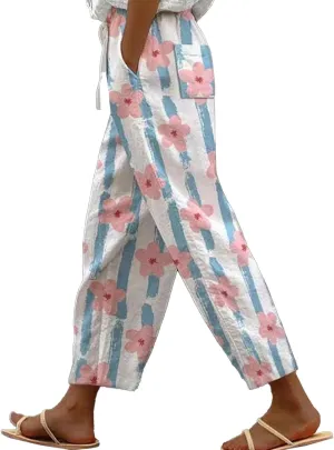 Womens Fashionable Cotton Linen Pants Trendy Straight Leg Side Button Trouser Outdoor Joggers Sport Casual Sweatpants