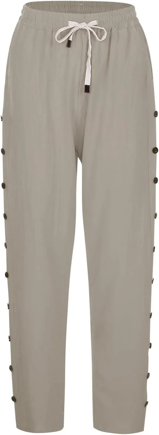 Womens Fashionable Cotton Linen Pants Trendy Straight Leg Side Button Trouser Outdoor Joggers Sport Casual Sweatpants