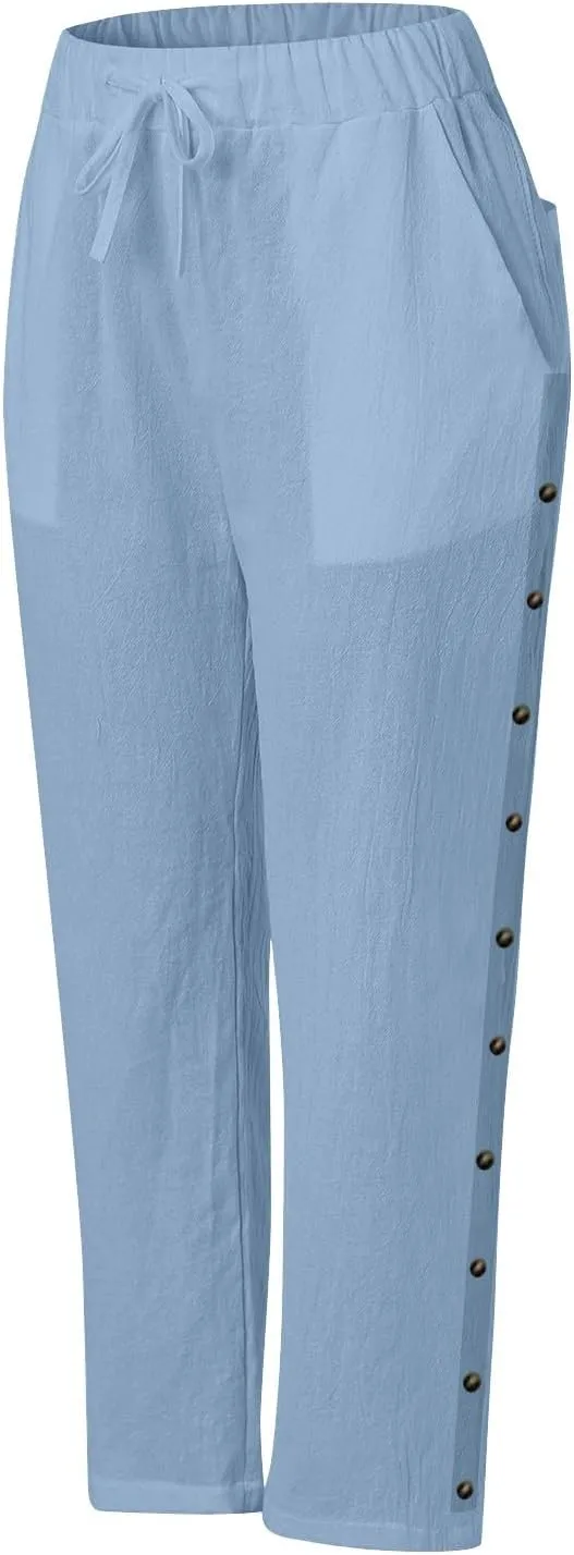 Womens Fashionable Cotton Linen Pants Trendy Straight Leg Side Button Trouser Outdoor Joggers Sport Casual Sweatpants