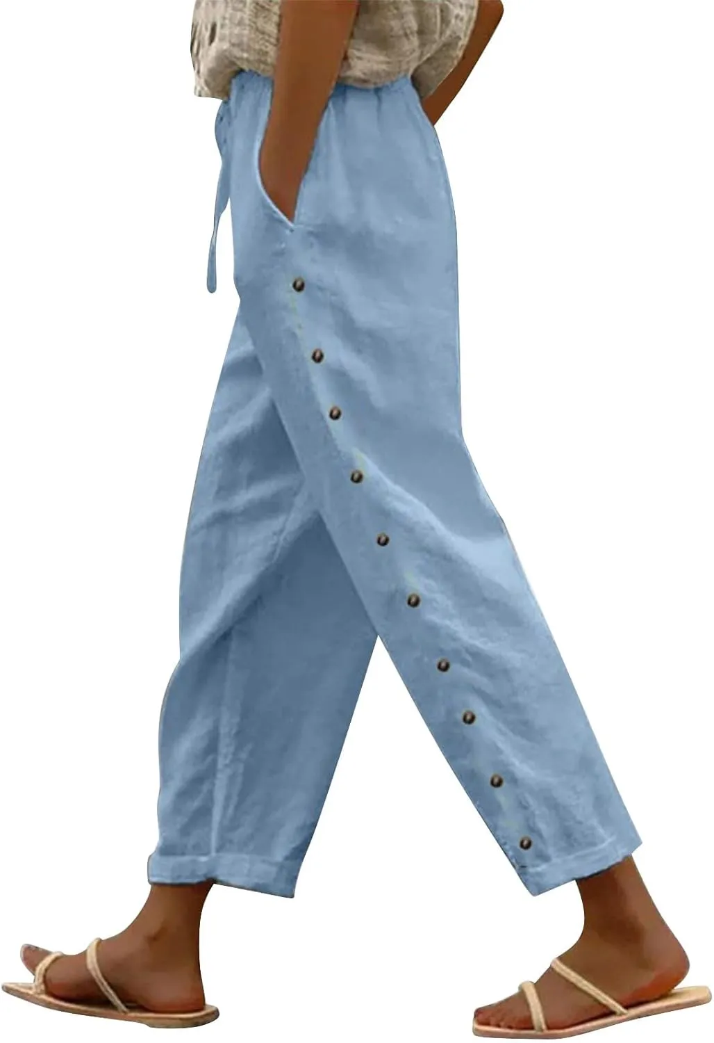 Womens Fashionable Cotton Linen Pants Trendy Straight Leg Side Button Trouser Outdoor Joggers Sport Casual Sweatpants
