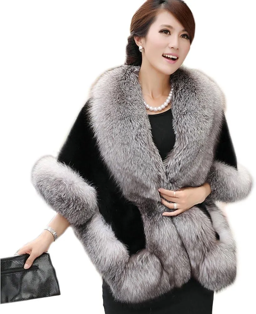 Women's Faux Fur Coat Wedding Cloak Cape Shawl for Evening Party
