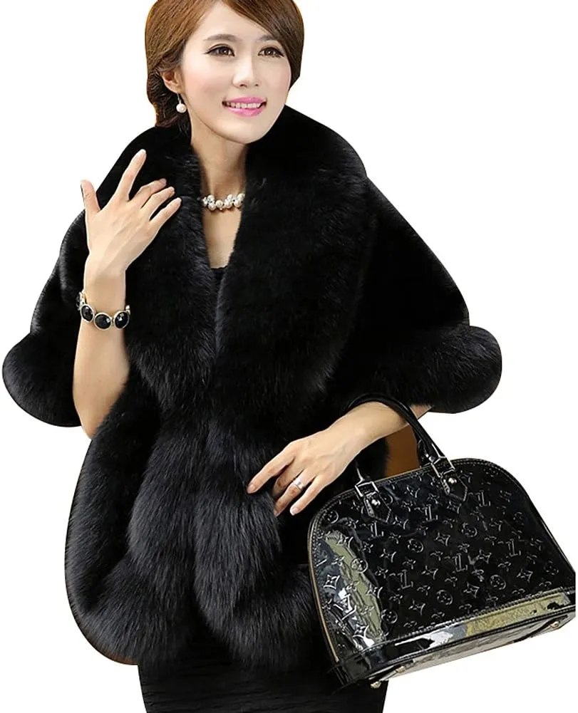 Women's Faux Fur Coat Wedding Cloak Cape Shawl for Evening Party