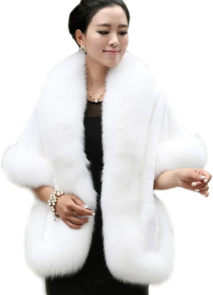 Women's Faux Fur Coat Wedding Cloak Cape Shawl for Evening Party