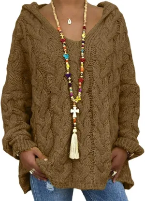 Womens Hooded Sweater Long Sleeve Chunky Cable Knit V Neck Loose Hoodies Oversized Tunic Drop Shoulder Pullover