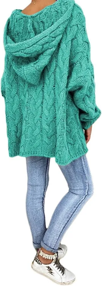 Womens Hooded Sweater Long Sleeve Chunky Cable Knit V Neck Loose Hoodies Oversized Tunic Drop Shoulder Pullover