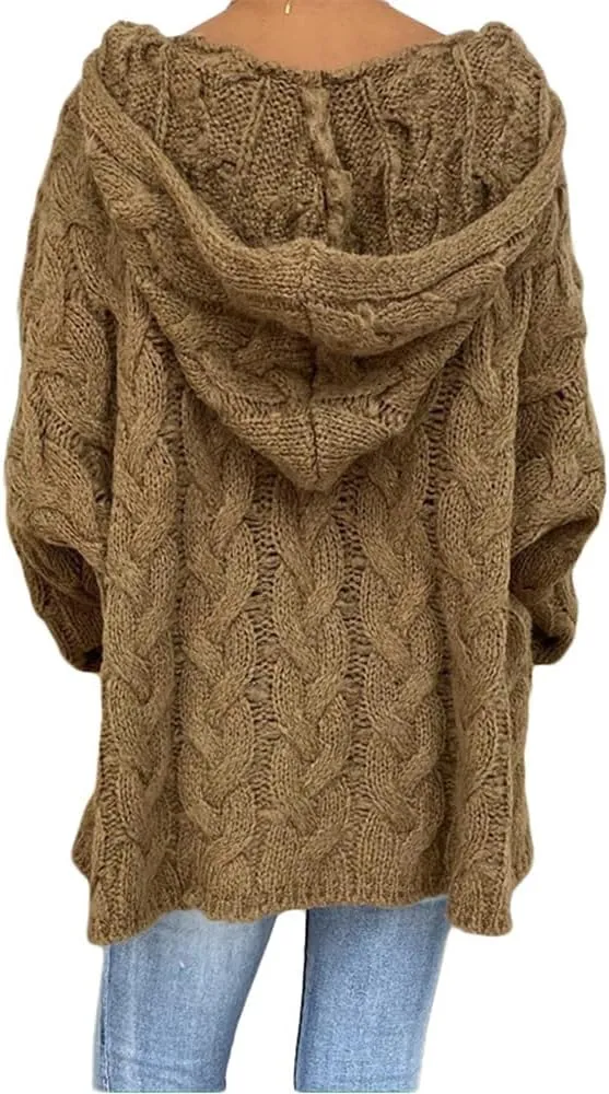 Womens Hooded Sweater Long Sleeve Chunky Cable Knit V Neck Loose Hoodies Oversized Tunic Drop Shoulder Pullover