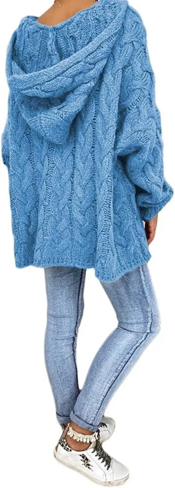 Womens Hooded Sweater Long Sleeve Chunky Cable Knit V Neck Loose Hoodies Oversized Tunic Drop Shoulder Pullover
