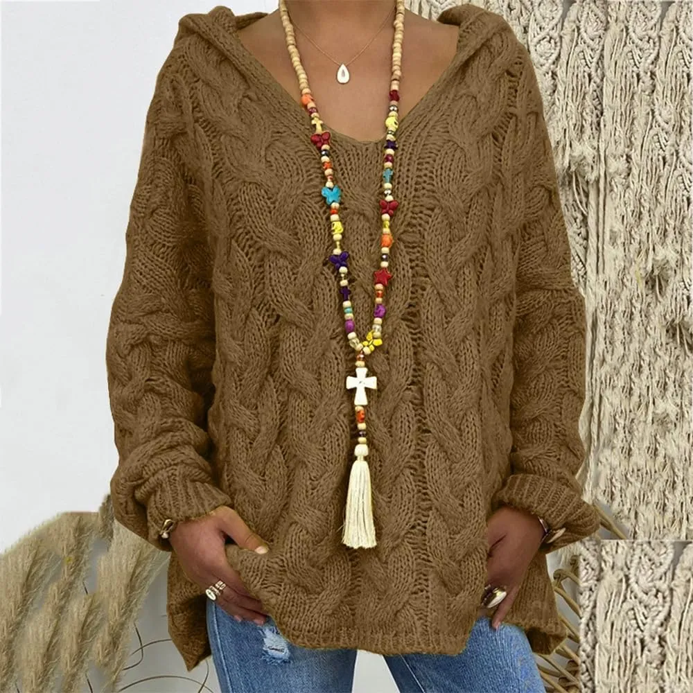 Womens Hooded Sweater Long Sleeve Chunky Cable Knit V Neck Loose Hoodies Oversized Tunic Drop Shoulder Pullover