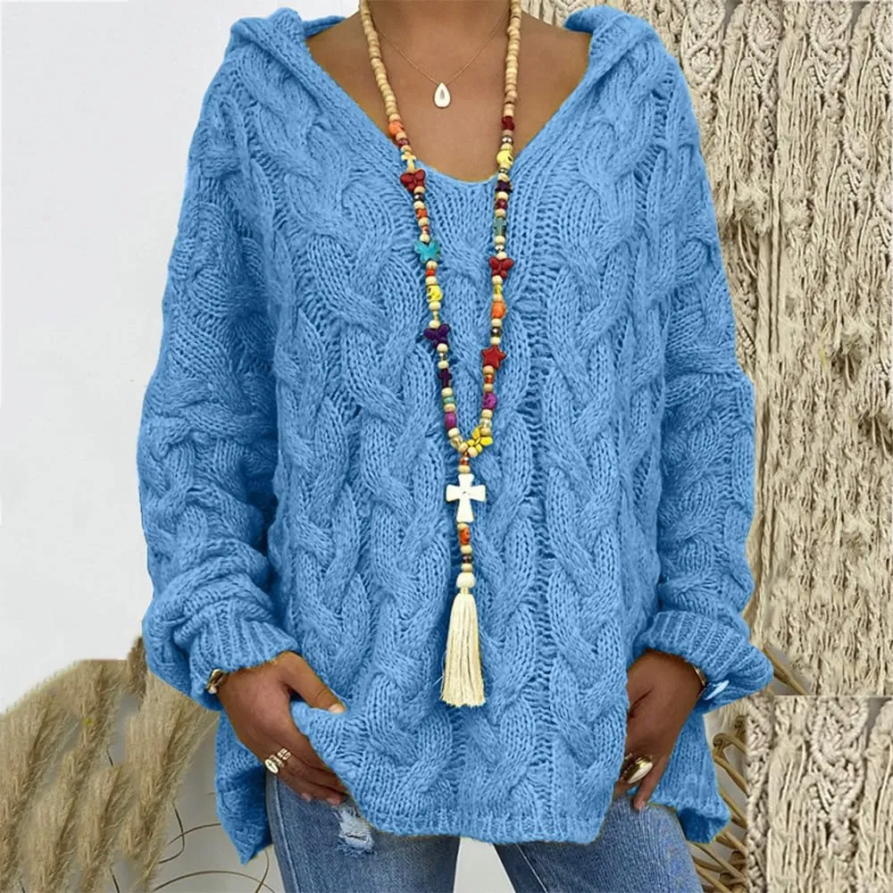 Womens Hooded Sweater Long Sleeve Chunky Cable Knit V Neck Loose Hoodies Oversized Tunic Drop Shoulder Pullover