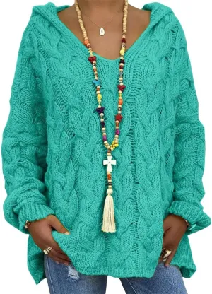 Womens Hooded Sweater Long Sleeve Chunky Cable Knit V Neck Loose Hoodies Oversized Tunic Drop Shoulder Pullover