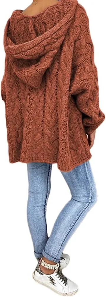 Womens Hooded Sweater Long Sleeve Chunky Cable Knit V Neck Loose Hoodies Oversized Tunic Drop Shoulder Pullover