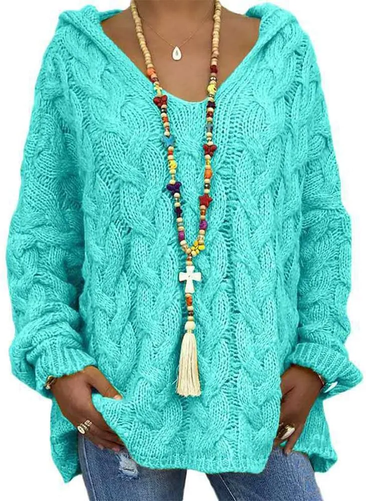 Womens Hooded Sweater Long Sleeve Chunky Cable Knit V Neck Loose Hoodies Oversized Tunic Drop Shoulder Pullover