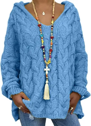 Womens Hooded Sweater Long Sleeve Chunky Cable Knit V Neck Loose Hoodies Oversized Tunic Drop Shoulder Pullover