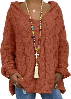 Womens Hooded Sweater Long Sleeve Chunky Cable Knit V Neck Loose Hoodies Oversized Tunic Drop Shoulder Pullover
