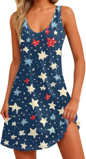 Womens July 4Th Dresses Midi Red White and Blue Dress Sleeveless Patriotic Dresses Holiday Festival Party Dress