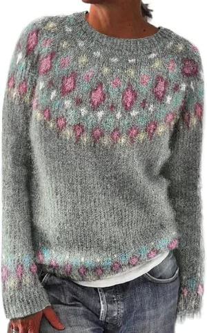 Womens Knitted Fair Isle Print Retro Sweater Long Sleeve Crewneck Sweater Ugly Christmas Fall Sweaters for Women 2024