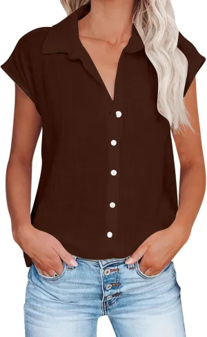 Womens Linen Tops Cap Sleeve Button Down Shirt Gauze Linen Shirt Casual Loose Fit Work Blouses Solid Linen Shirt Tops