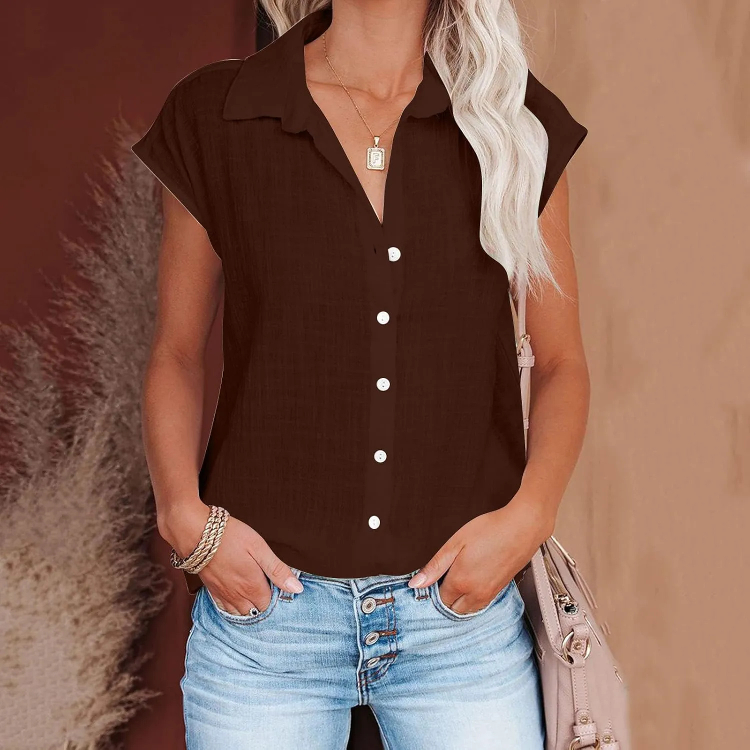 Womens Linen Tops Cap Sleeve Button Down Shirt Gauze Linen Shirt Casual Loose Fit Work Blouses Solid Linen Shirt Tops